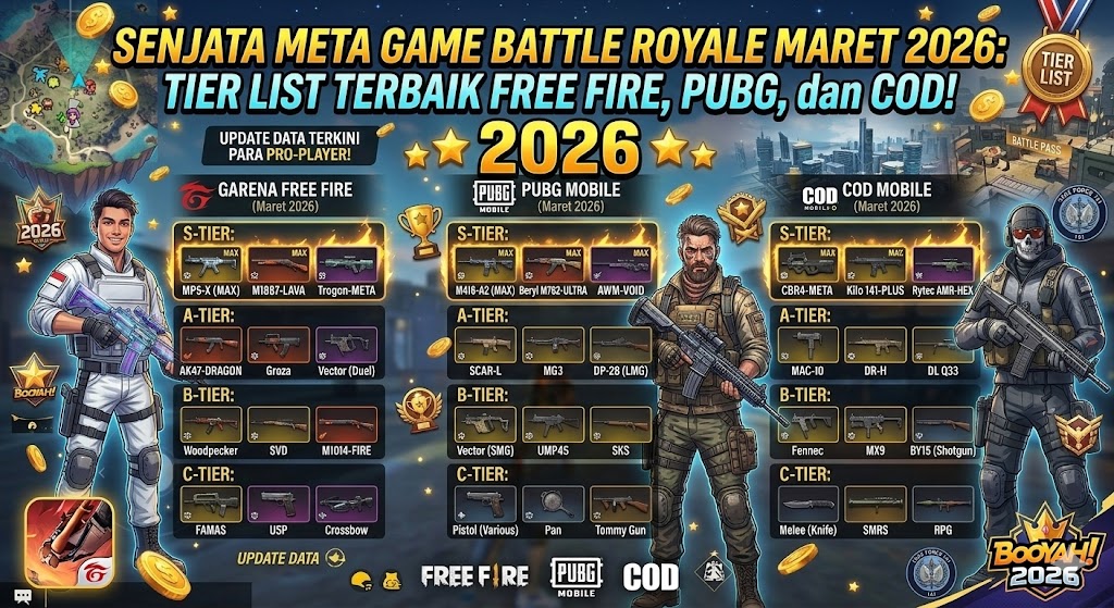 Senjata Meta Game Battle Royale Maret 2026: Tier List Terbaik Free Fire, PUBG, dan COD!